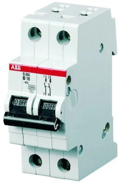 ABB Circuit Breaker c 6a, 2-pole c-characteristic, breaking capacity 6ka, 230/400v ac, 35mm wide s202-c6